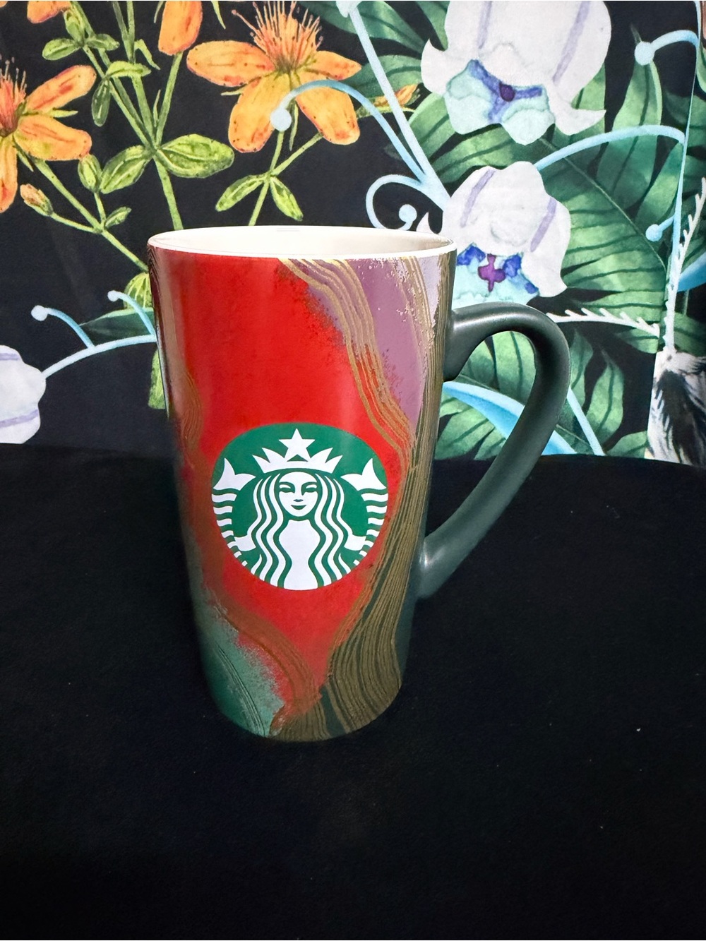 Starbucks Green Handle Red, Green & Gold Swirl Ceramic Mug